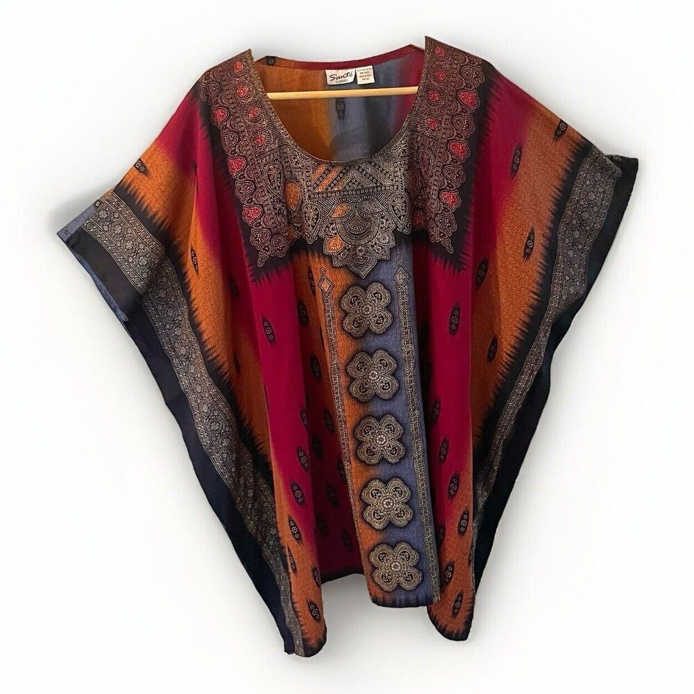 Sante Classics Kaftan Earthy Top Women OS Beachy Coastal Colorful Flowy‎ Vintage